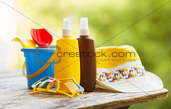 Baby sunscreen and beach accessories