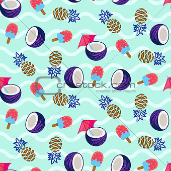Coconut, pineapple and ice cream seamless vector pattern.