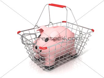 Piggy bank money box standing in steel wire shopping basket