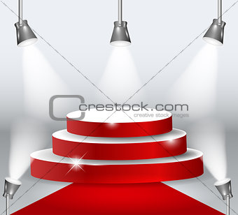 Illuminated Podium With Red Carpet. Vector Illustration.