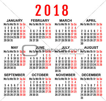 2018 year wall calendar grid template