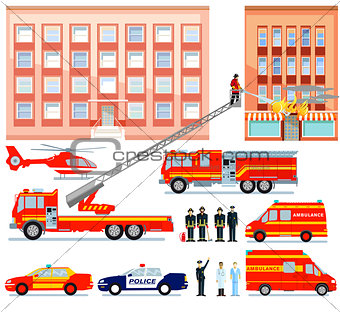 Fire brigade and ambulance at rescue service, illustration