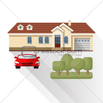 Vector illustration of living house, car and trees.