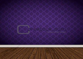 Interior with purple damask wallpaper and wooden floor