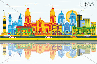 Lima Skyline with Color Buildings, Blue Sky and Reflections.