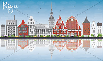 Riga Skyline with Landmarks, Blue Sky and Reflections.