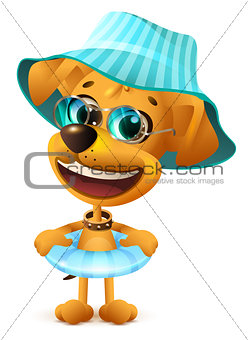Yellow dog in hat and with swimming circle