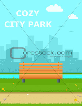 cozy city park with wooden banch