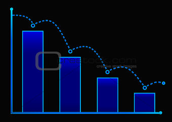 Decreasing bar graph with blue arrow . Isometric bar graph with two axes and columns, showing the rapid decline on a black background . Eps 10 vector illustration