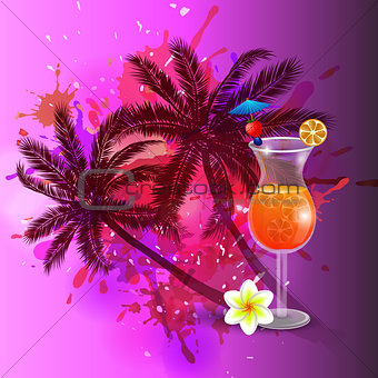 Summer background with palm trees and juice