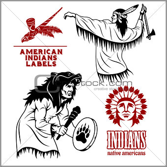 American indians set of vintage emblems, labels and logos in monochrome style