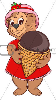 Brown bear female keeps ice cream cone