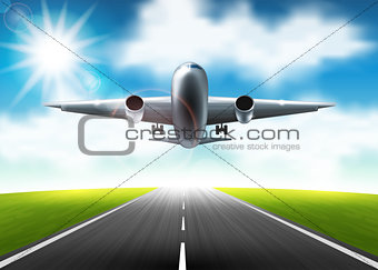 The airplane flying over the runway