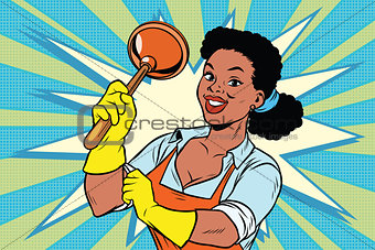 Cleaner with a plunger. African American people
