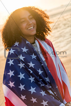 Mixed Race African American Girl Teenager Wrapped in USA Flag on