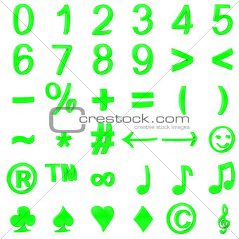 Green curved 3D numbers and symbols