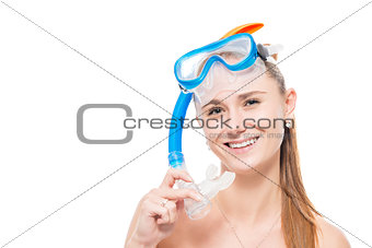Portrait of a girl with a mask for diving on a white background