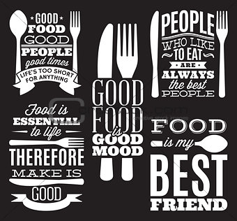set of vintage typographic food quotes for menu or t-shift with knife, spoon, fork