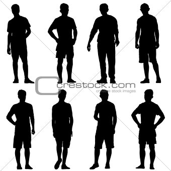 Set Black silhouette man standing, people on white background