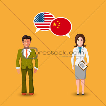 Two people with white speech bubbles with USA and China flags. Language study concept illustration