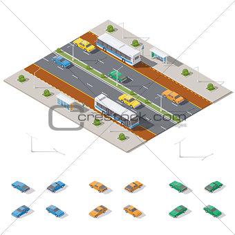 Bus stop and two way road architecture isometric icon set