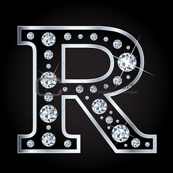 Vector R letter made with diamonds isolated on black background