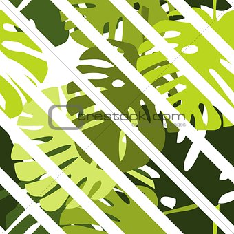 Tile tropical vector pattern with green exotic leaves and white stripes background