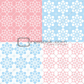 Geometric seamless pattern, Arabic ornament style, tiled design in pink and blue