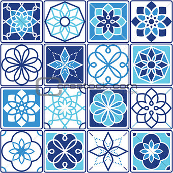 Portuguese Azulejo tiles design, seamless geometric patterns collection in navy blue and turquoise