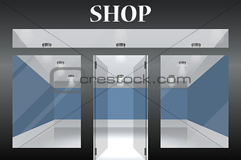 Shop with glass windows and doors, front view. Part of set.  exterior.