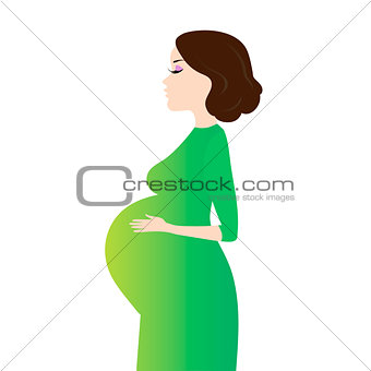 Pregnant woman in green dress isolated on white