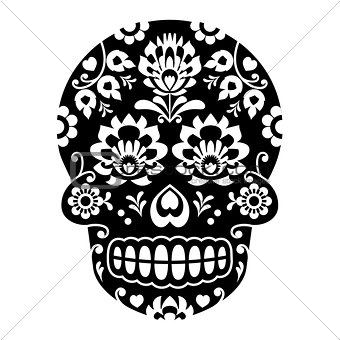 Mexican sugar skull, Halloween skull with flowers - Polish folk art Wycinanki style