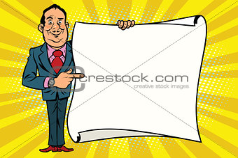 Smiling businessman boss showing on the mockup copy space poster