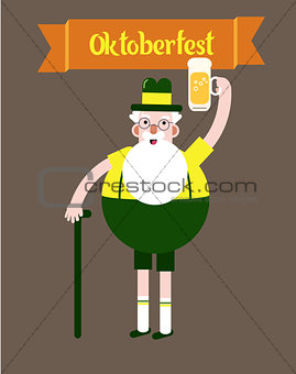 Oktoberfest character grandpa.Grandfather with a glass of beer, folk costumes. Poster. Flat design vector illustration