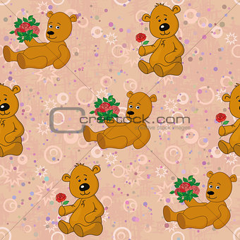 Seamless pattern, teddy bears and gifts flowers