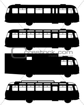 Four black silhouettes of old buses