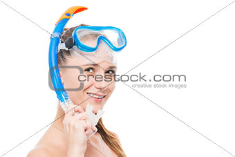 Girl in mask with snorkel tube on white background