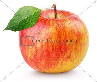 Red apple fruit with green leaf isolated on white