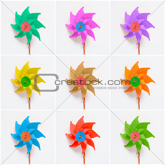 Collage of colorful pinwheels on white background