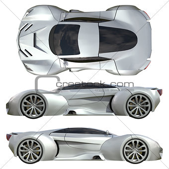 A set of three types of racing concept car in gray. Side view and top view. 3d illustration.