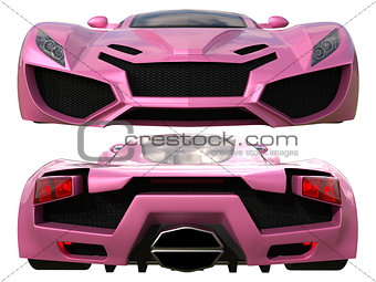 A set of two types of racing concept car in pink. Front and rear view. 3d illustration.