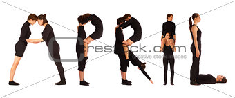 Black dressed people forming word APRIL