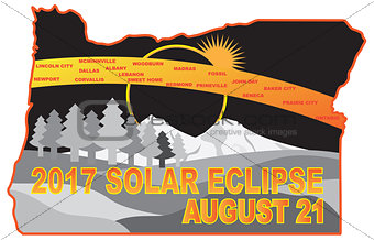2017 Solar Eclipse Across Oregon Cities Map Illustration