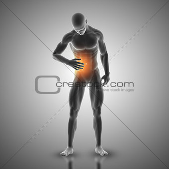 3D male figure holding stomach in pain