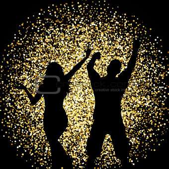 Silhouettes of people dancing on gold glitter background
