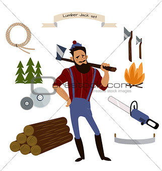 Lumberjack, timber and woodworking tools vector icons isolated on white background