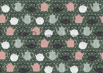 Seamless pattern teapots dots green