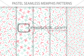Collection of colorful seamless memphis patterns. Soft colors - delicate design.