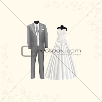 wedding dress and gray men's suit