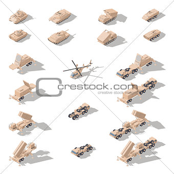 Modern military equipment in desert camouflage isometric icon set
